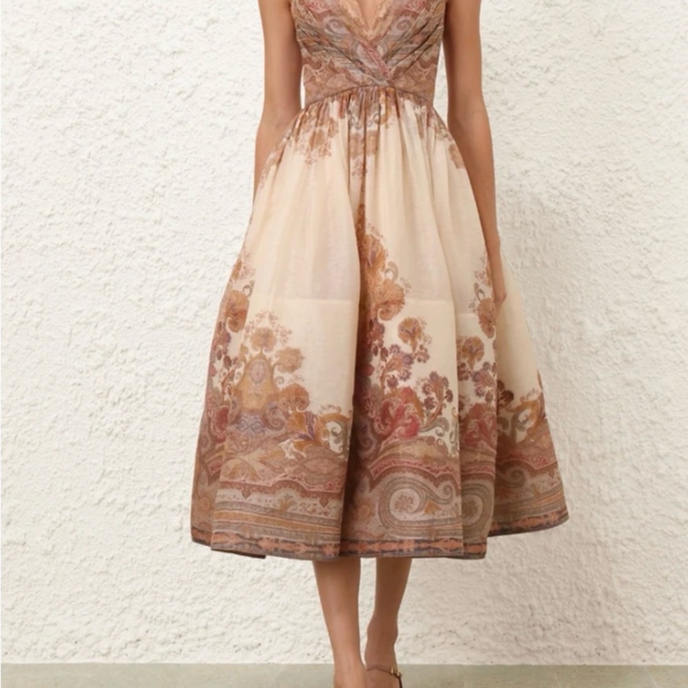 Zimmermann Cream and Brown Patterned Midi Dress